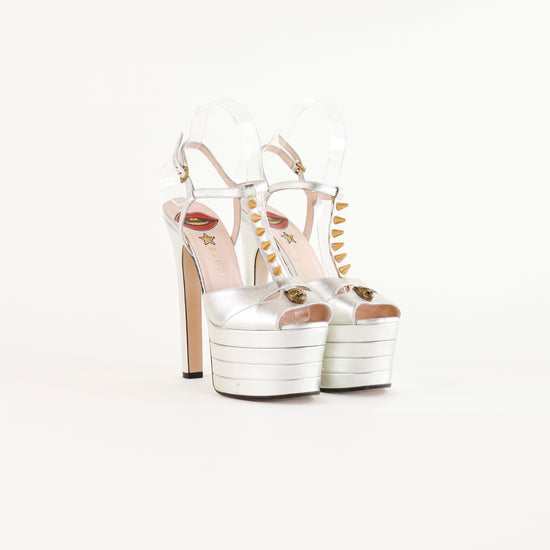 Sandalias de Tacón Gucci T-Strap de Plataforma en Piel Plata