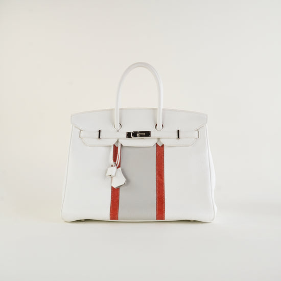Bolso de Mano Hermès Birkin 35 Club Clémence Edición Limitada en Blanco y Gris Perla