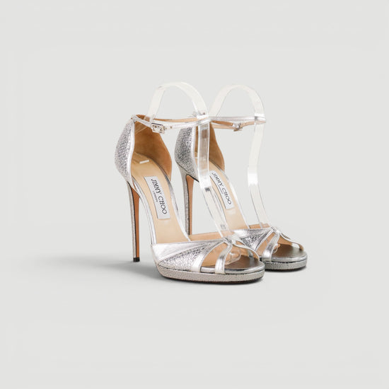 Sandalias de tacón Jimmy Choo en piel plateada