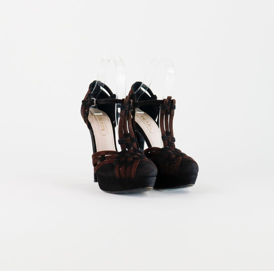 Sandalias de Tacón Prada en Gamuza Negra y Café